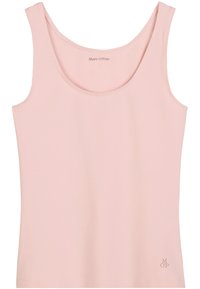 Light pink sleeveless tank top, featuring a rounded neckline, soft fabric, and subtle printed logo at the hem. Smooth texture, fitted design.
