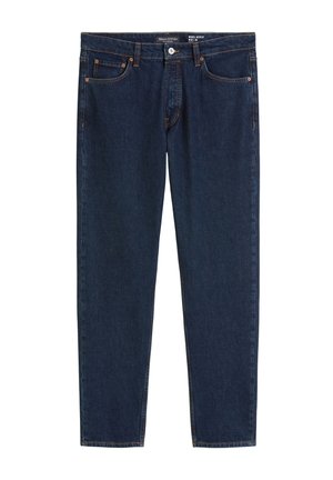 Jeans in denim blu scuro con vestibilità dritta, design a cinque tasche e cuciture arancioni in contrasto su cuciture e tasche.