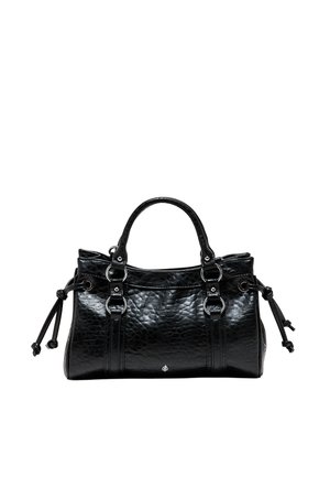 Sac à main en cuir noir texturé avec doubles poignées supérieures, détails côtés à cordon et anneaux métalliques argentés sur fond blanc.