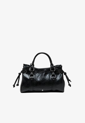 Sac à main en cuir noir texturé avec doubles poignées supérieures, détails côtés à cordon et anneaux métalliques argentés sur fond blanc.