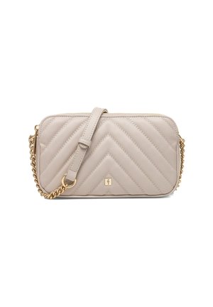 Kubełkowa beżowa skórzana torebka crossbody z wzorem w zygzak, złotym łańcuchem oraz małym logo z przodu. Zamek błyskawiczny z regulowanym paskiem.
