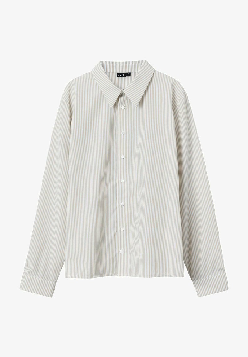 Striped button-up shirt in beige and light green, featuring a classic collar, long sleeves, and a relaxed fit. Made from lightweight material.