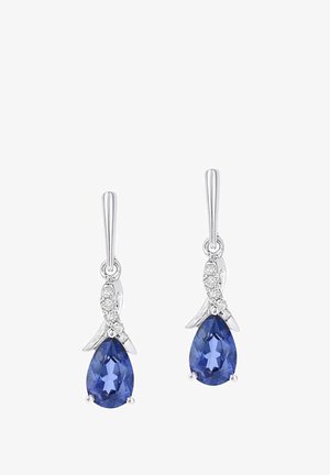 Orecchini pendenti con gemme blu a forma di pera, accenti in argento e piccole pietre rotonde trasparenti, con finitura in metallo lucido.