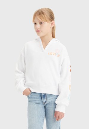 Sudadera blanca con escote en V y bolsillo frontal, que presenta gráficos florales multicolores en las mangas y el logo "LEVI'S" en tonos pastel.