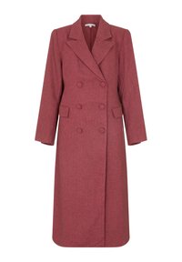 Doppelreihiger Mantel aus einem tief burgunderroten Fischgrätstoff. Mit langen Ärmeln, spitz zulaufendem Revers und zwei Vorderaschen.