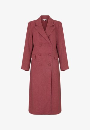 Doppelreihiger Mantel aus einem tief burgunderroten Fischgrätstoff. Mit langen Ärmeln, spitz zulaufendem Revers und zwei Vorderaschen.