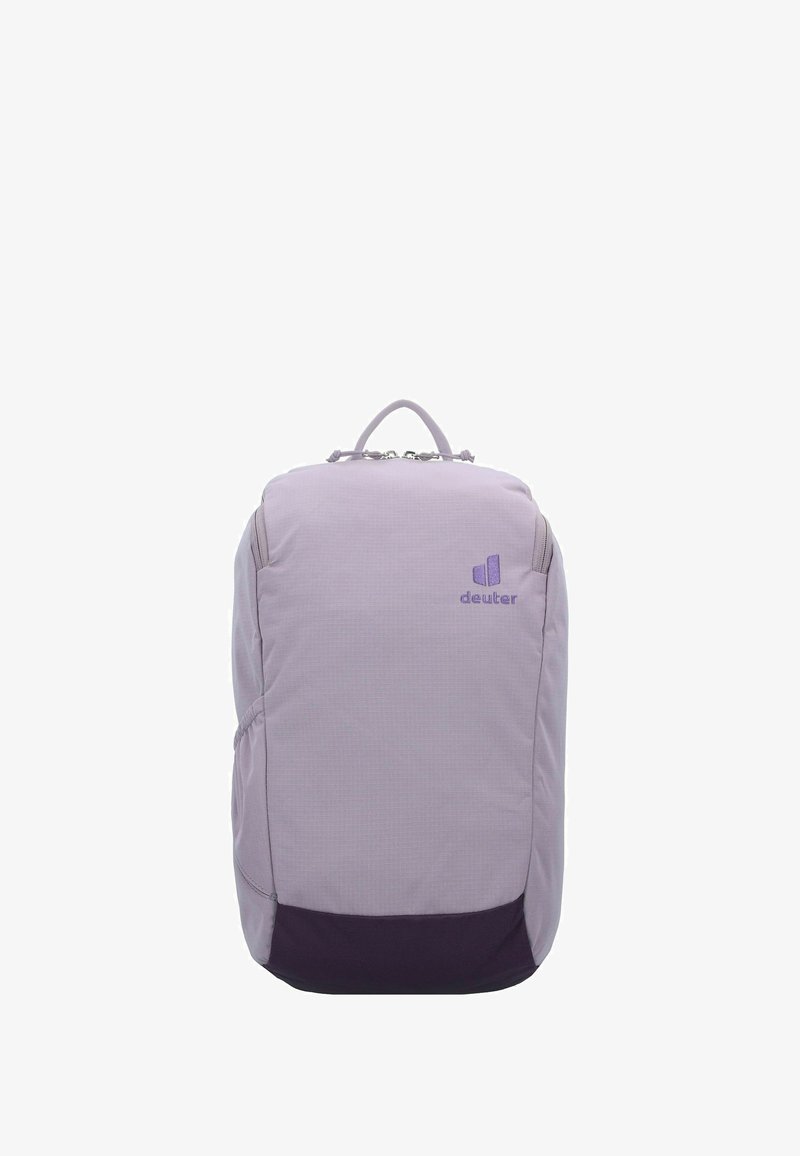 Purple fabric backpack with a rectangular shape, subtle grid texture, and a darker purple bottom. Features a top handle and logo detail.