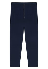 Mörkblå joggerbyxor med dragsnöre och elastisk midja, raka ben och utan synliga fickor, visade på en vit bakgrund.