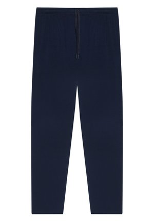 Marineblauwe sweatpants met trekkoord in de taille, rechte pijpen en geen zichtbare zakken, getoond op een witte achtergrond.