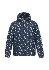 Giacca a vento blu navy con un motivo di banane gialle, dotata di una cerniera frontale e due tasche laterali, realizzata in materiale leggero e resistente all'acqua.