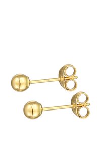 Guldtonede øreringe med en kugleformet design og en glat overflade, fastgjort med en slank, lige stang og rundede bagsider.