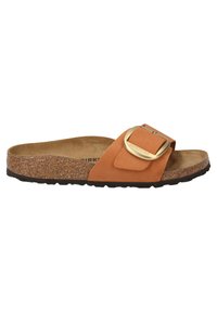 Brown suede slide sandal with a wide strap and gold buckle. Cork footbed and textured black outsole. Lightweight and open design.