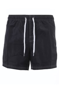 Costumi da bagno neri con finitura testurizzata, vita elasticizzata e cordino bianco; presentano cuciture a contrasto e tasche laterali.