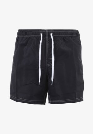 Costumi da bagno neri con finitura testurizzata, vita elasticizzata e cordino bianco; presentano cuciture a contrasto e tasche laterali.