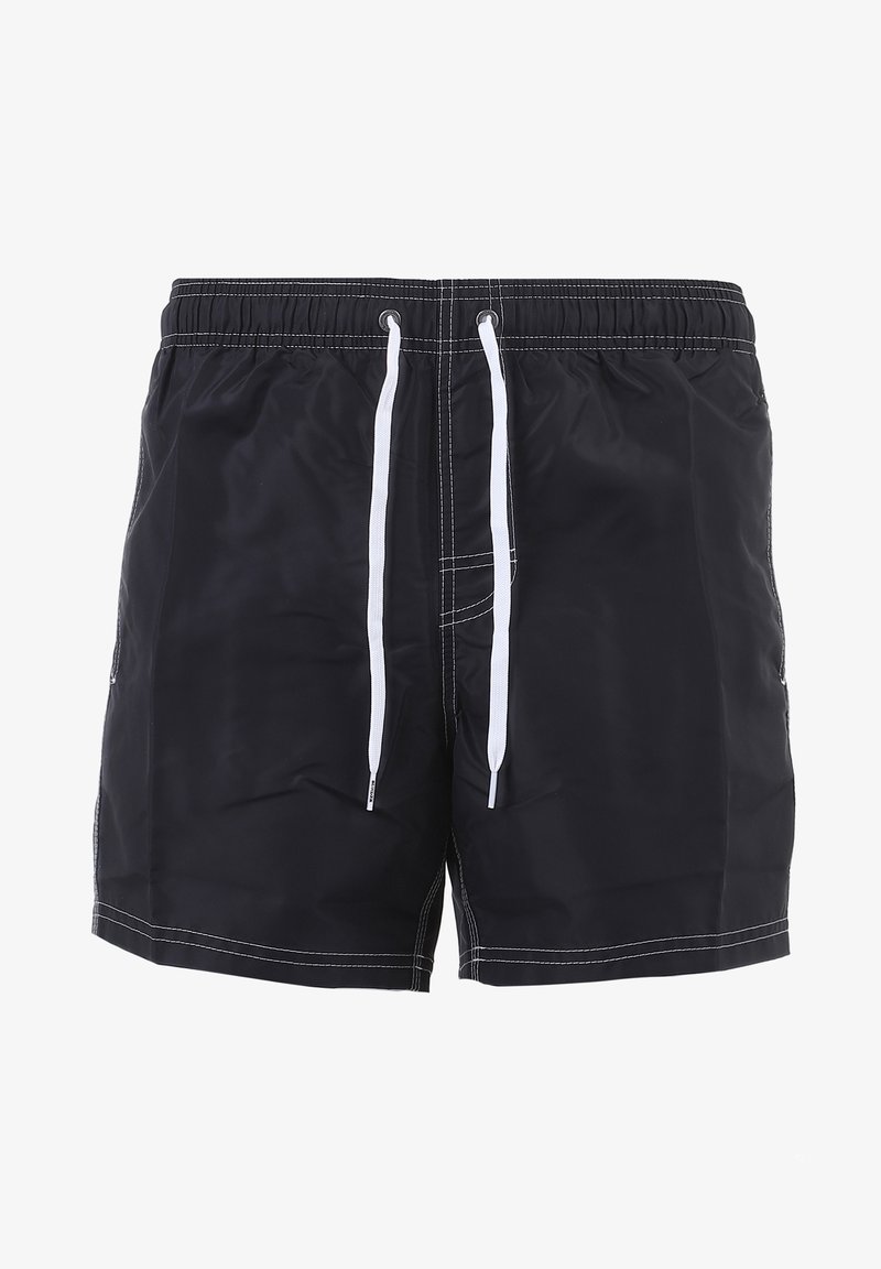 Costumi da bagno neri con finitura testurizzata, vita elasticizzata e cordino bianco; presentano cuciture a contrasto e tasche laterali.