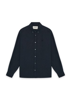 Marineblauw, overhemd met lange mouwen en knopen, voorzien van een button-down kraag en een subtiel geborduurd logo op de linkerborst.