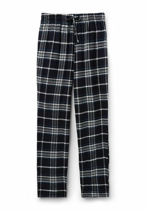 Schwarz-weiße Karopajama-Hosen mit einem Kordelzugbund und elastischem Bündchen. Hergestellt aus einem weichen Stoff, mit vertikalen und horizontalen Streifen.