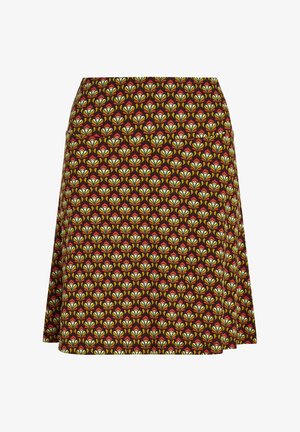 A knee-length skirt featuring a floral pattern in red, yellow, and green on a dark background, made from a lightweight, textured fabric.