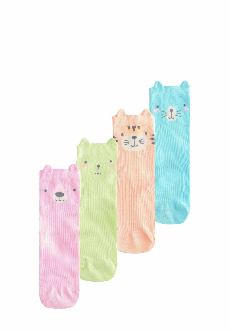 Four pairs of knee-high socks: pink with bear face, green with cute animal face, orange with tiger stripes, and blue with smiling face.