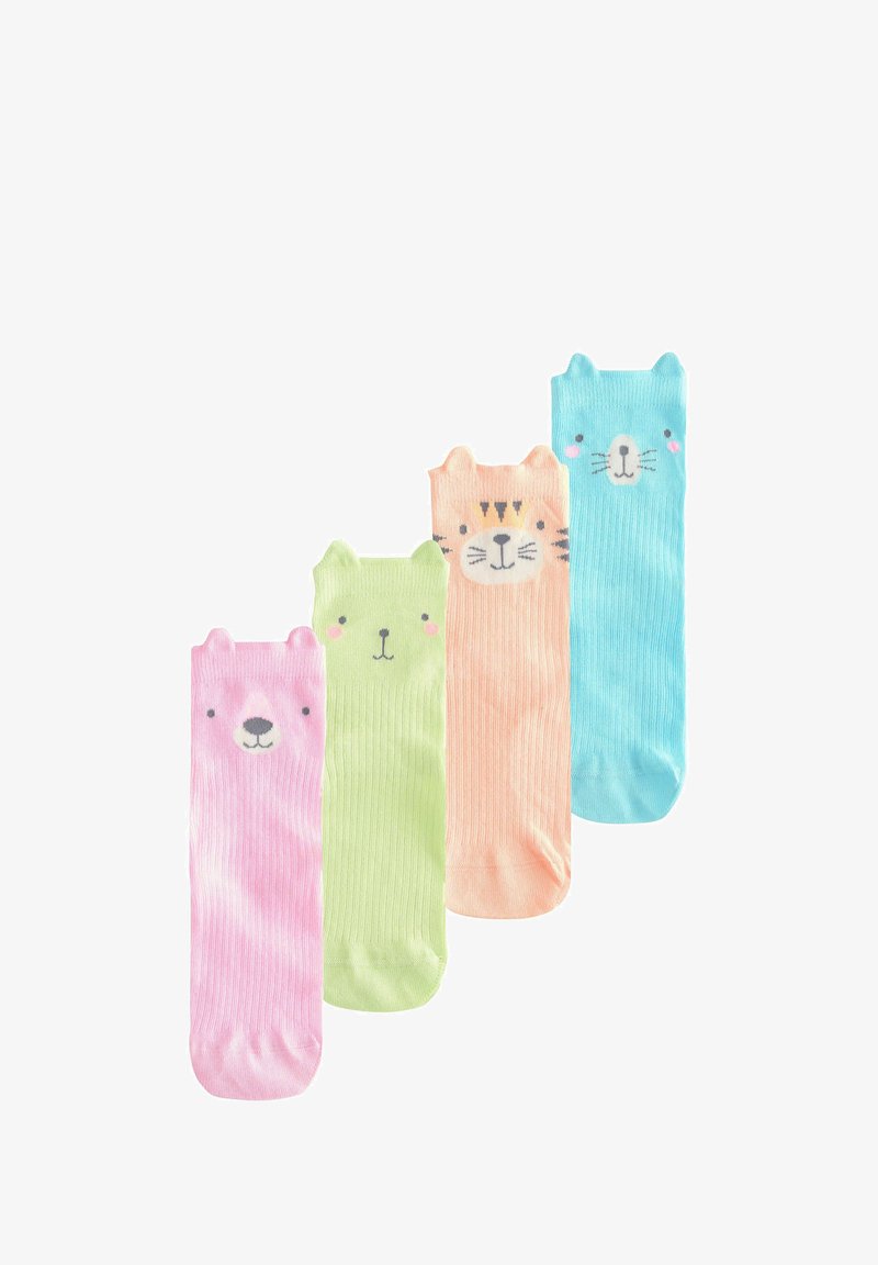 Quatre paires de chaussettes montantes : roses avec un visage d'ours, vertes avec un mignon visage d'animal, oranges avec des rayures de tigre et bleues avec un visage souriant.