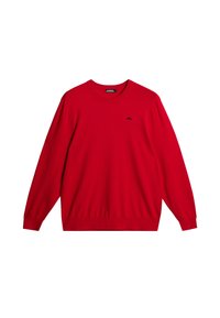 Pull rouge à manches longues avec col rond, petit logo JL noir sur la poitrine, poignets et ourlet côtelés.