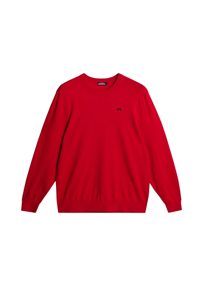 Roter Pullover mit Rundhalsausschnitt und langen Ärmeln, mit kleinem schwarzem JL-Logo auf der Brust sowie gerippten Bündchen und Saum.