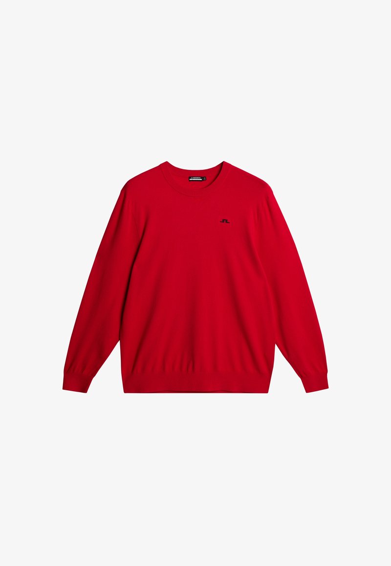 Roter Pullover mit Rundhalsausschnitt und langen Ärmeln, mit kleinem schwarzem JL-Logo auf der Brust sowie gerippten Bündchen und Saum.