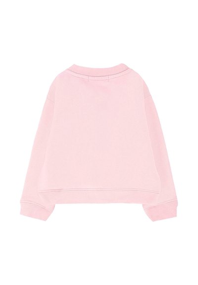 Sweat-shirt rose court en tissu doux, avec des manches longues et un col arrondi. Texture lisse avec des détails de couture simples.