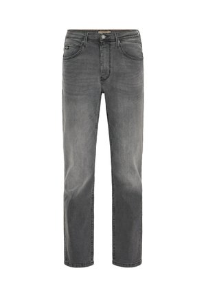 Jeans in denim grigio con taglio dritto, design a cinque tasche e una leggera finitura sbiadita. Presentano una chiusura con bottone e zip.