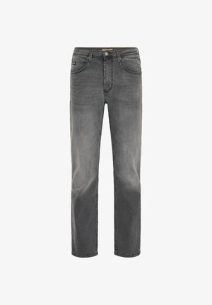 Jeans de mezclilla gris con corte recto, diseño de cinco bolsillos y un acabado sutilmente desgastado. Presentan un cierre de botón y cremallera.
