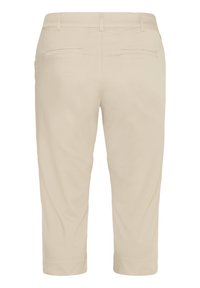 Beige cropped pants with a smooth texture. Features back pockets and a tailored waistband. Simple design with no visible patterns or accents.