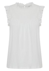 Vit ärmlös blus av texturerad tyg; har en volangkrage och volanger på axlarna, med en knappstängning bak.