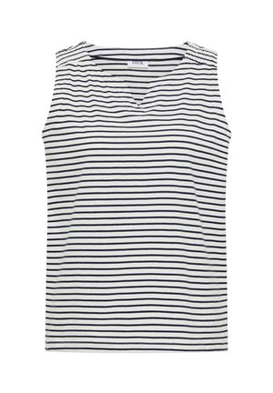 Top blanco sin mangas con finas rayas horizontales negras, escote en V con muesca y detalle de costura fruncida en los hombros.