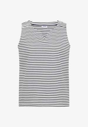 Haut blanc sans manches avec fines rayures horizontales noires, encolure en V avec encoche et détails de couture froncée aux épaules.
