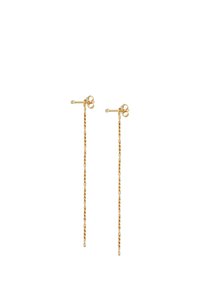 Pendientes en tono dorado que presentan un diseño de cadena torcida larga con respaldos de tornillo, ofreciendo un aspecto elegante y delicado.