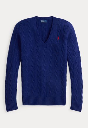 Sweater azul-marinho em malha, com decote em V, punhos e bainha canelados, apresentando um pequeno logo vermelho do lado esquerdo do peito. Feito de material macio.