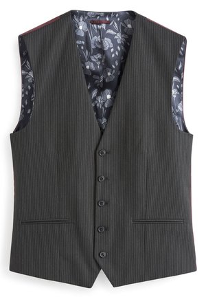 Gilet grigio scuro a righe sottili con cinque bottoni e fodera interna a motivo floreale in tonalità di grigio e nero.