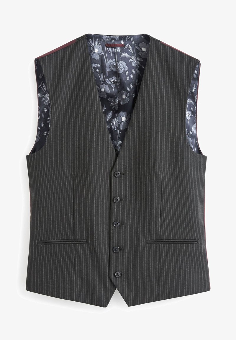 Gilet gris foncé à fines rayures avec cinq boutons et doublure intérieure à motifs floraux dans des tons de gris et noir.