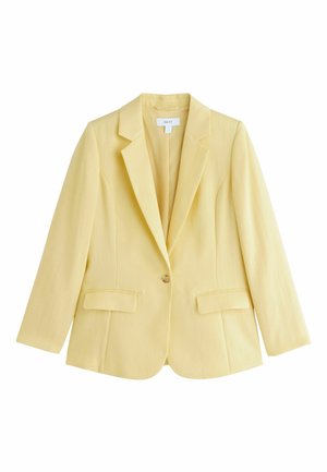 Jednoručný, svetložltý prispôsobený blejzer s výrezmi na golieri a klopovými vreckami, zobrazený na bielom pozadí.