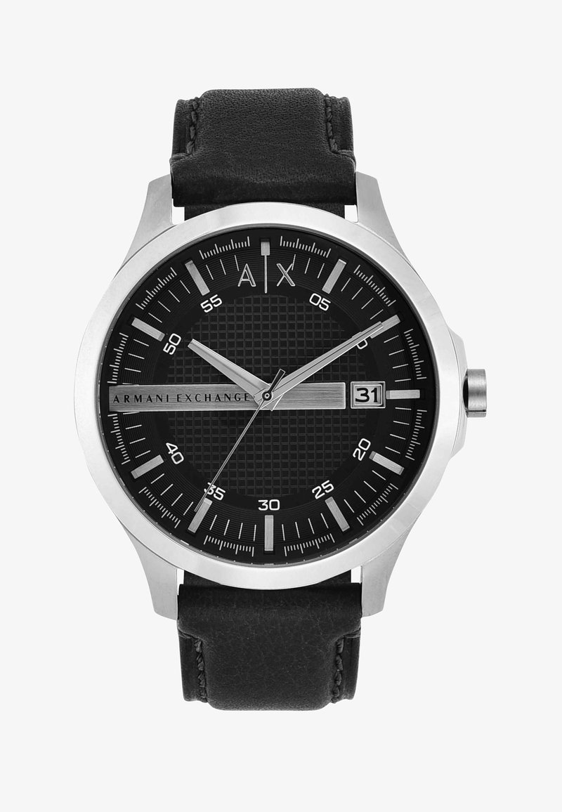 Runde silberne Armbanduhr mit schwarzem strukturiertem Zifferblatt, silbernen Stundenmarkierungen, Datumsfenster bei 3 Uhr und schwarzem Lederarmband.