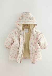 Pružná kvetinová bunda svetloružovej farby s fleece podšívkou, kapucňou a zacvakávacími gombíkmi. Obsahuje dve predné vrecká a elastické manžety.