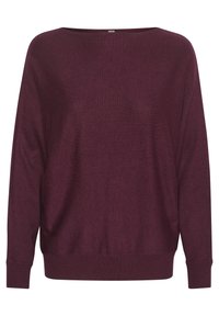 Burgundy tröja i mjukt stickat tyg, med ett brett båtformat halsringning, långa ärmar samt ribbade mudd och fåll. Avslappnad passform och slät textur.