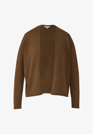 Brązowy, otwarty sweter z długim rękawem wykonany z miękkiej dzianiny, o luźnym kroju, bez widocznych guzików ani zapięć.