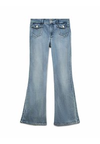 Razširjene kavbojke v svetlo modrem denim materialu z mehkimi teksturami, ki imajo dve zadnji žepnici z dekorativnim šivanjem in klasično gumbno zapiranje.