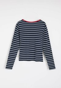 Granatowa i biała pasek długa koszulka z długim rękawem, okrągłym dekoltem i kontrastowym czerwonym wykończeniem. Wygodny materiał o luźnym kroju.