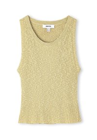 Canottiera senza maniche a coste di colore giallo chiaro con scollatura rotonda e tessuto testurizzato, con orlo dritto e sottili righe verticali.