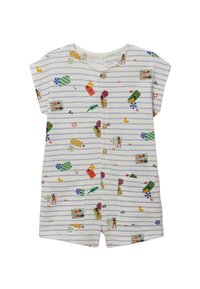 Combi-short en coton avec des motifs multicolores sur un fond rayé blanc, dotée de manches courtes, d'un col rond et de deux poches avant.