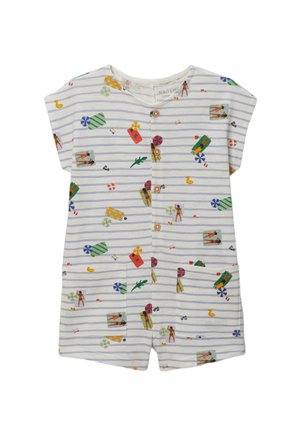 Combi-short en coton avec des motifs multicolores sur un fond rayé blanc, dotée de manches courtes, d'un col rond et de deux poches avant.