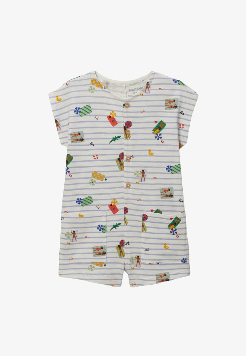 Combi-short en coton avec des motifs multicolores sur un fond rayé blanc, dotée de manches courtes, d'un col rond et de deux poches avant.