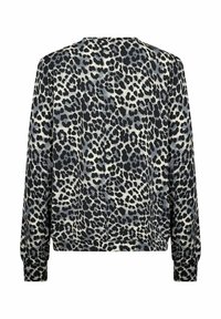 Sweatshirt à imprimé léopard avec des manches longues, présentant un fond crème et des taches noires et bleues. Texture douce, poignets côtelés.